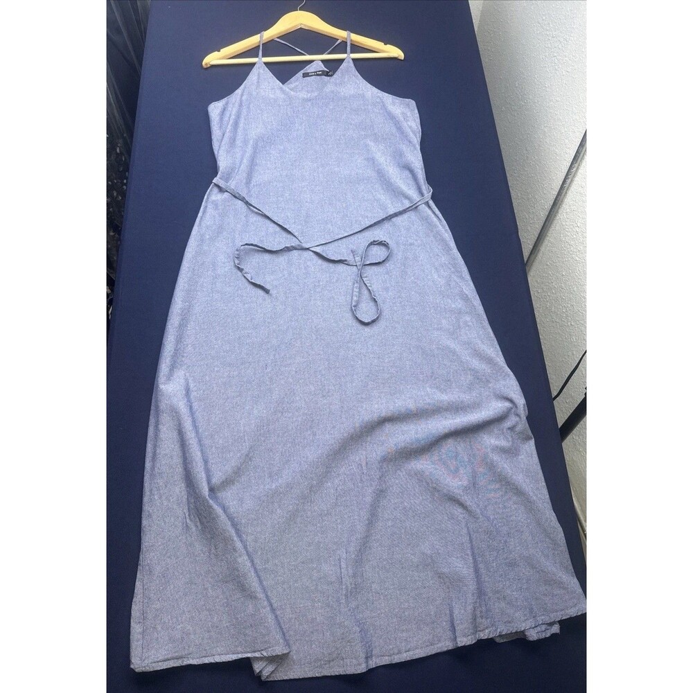 100% Cotton Chambray Sundress Belt Strappy t back Large Denim Blue Beach Summer - Picture 2 of 6